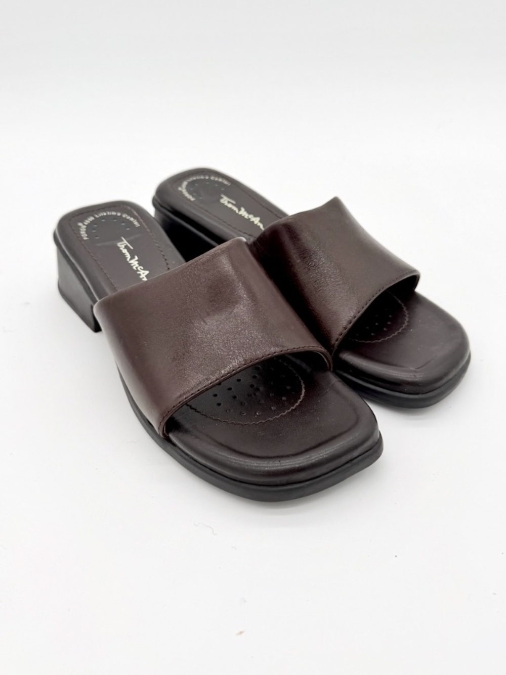 Vintage Thom McAn Brown Leather Slide Sandals Womens 7 Y2K Chunky Block Heel